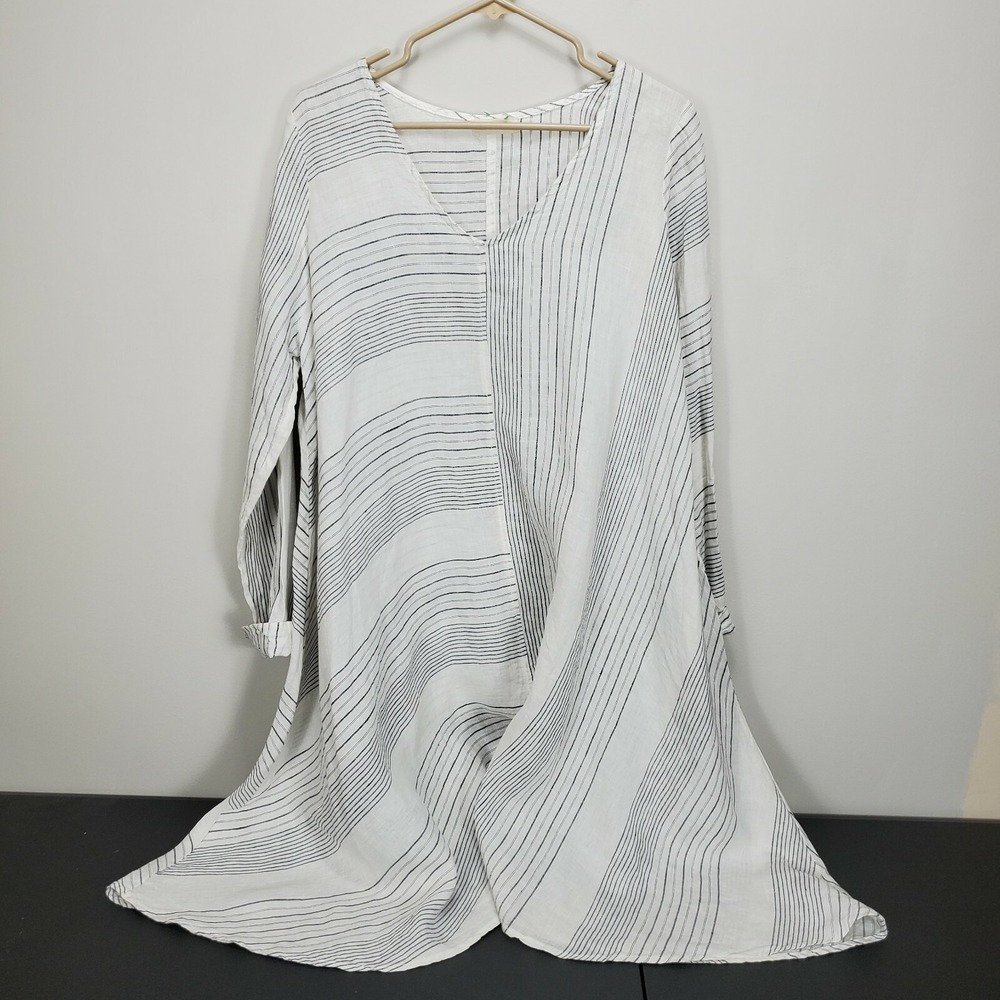 CP Shades Shift Dress Linen V neck LS Oversize‎ Cream Blue Stripe Lagenlook  M